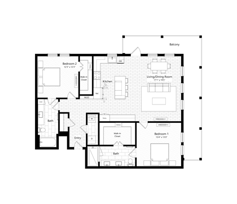 Floor plan for 2 beds, 2 baths, 1406 sqft